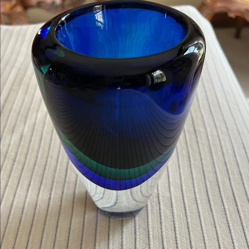Crate and Barrel Camden Tri Color Clear, Blue and Green Glass Vase.